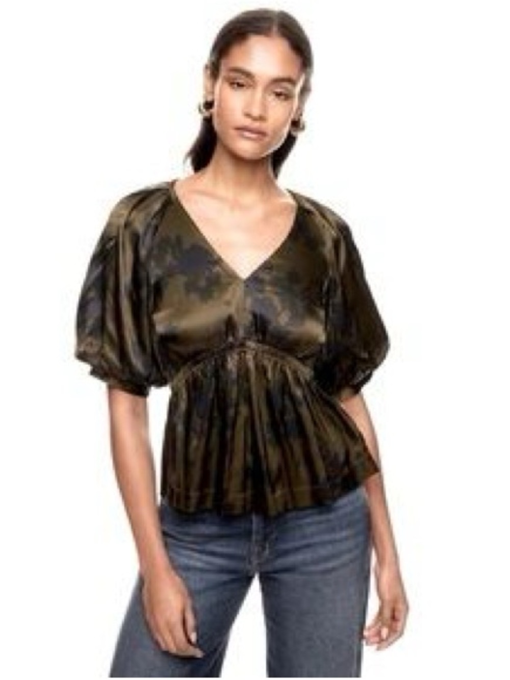 Madewell Olive Satin V-Neck Puff Sleeve Peplum Blouse